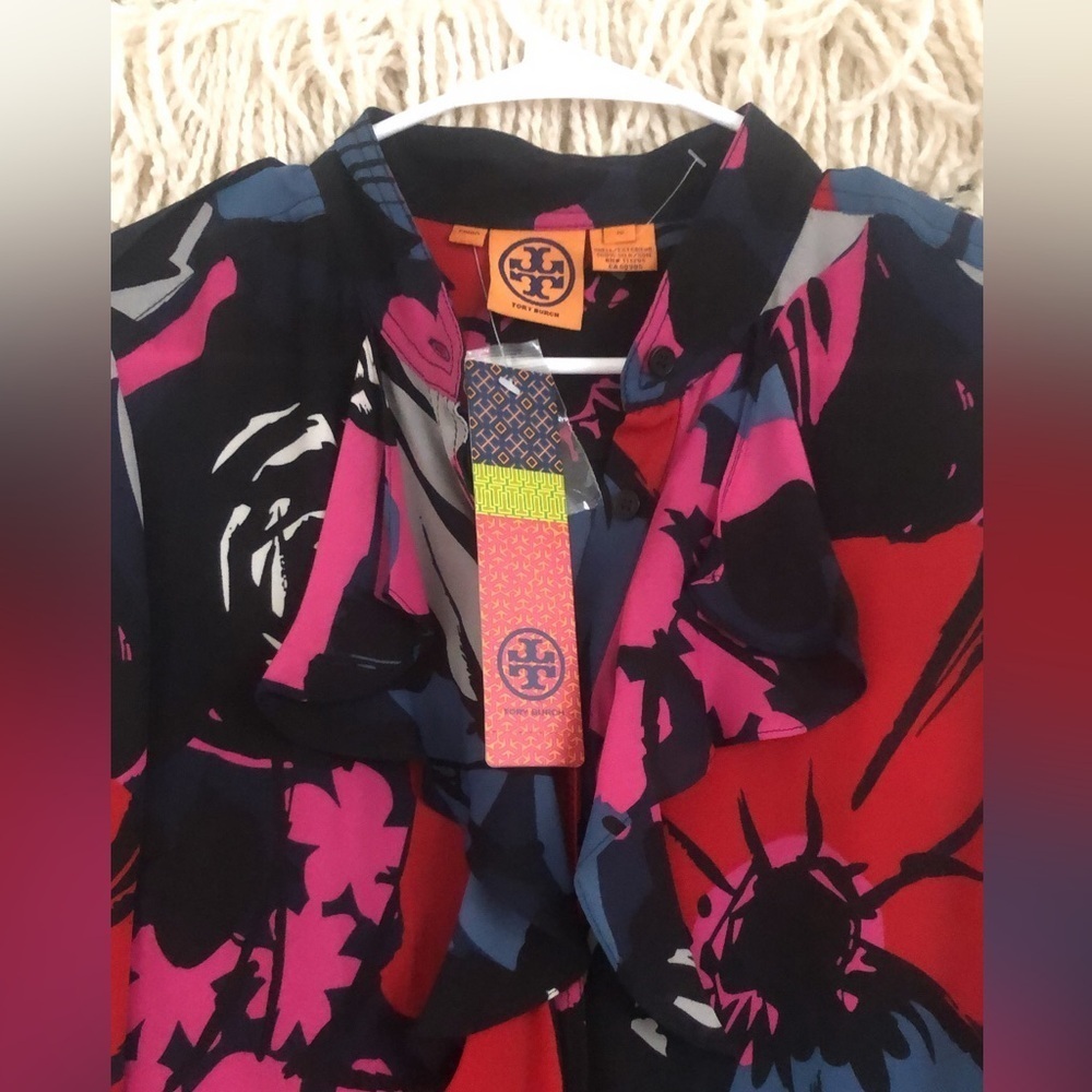 NWT Tory Burch 100% Silk Colin Shirt Blouse Long Sleeve Ruffle Floral 12 - Picture 2 of 5
